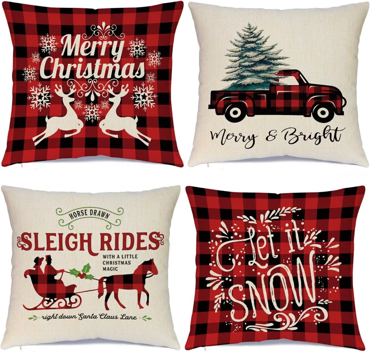 Christmas Pillow Covers 18 x 18 Inches Set of 4 - Xmas Series Cushion Cover Case Pillow Custom Zippered Square Pillowcase